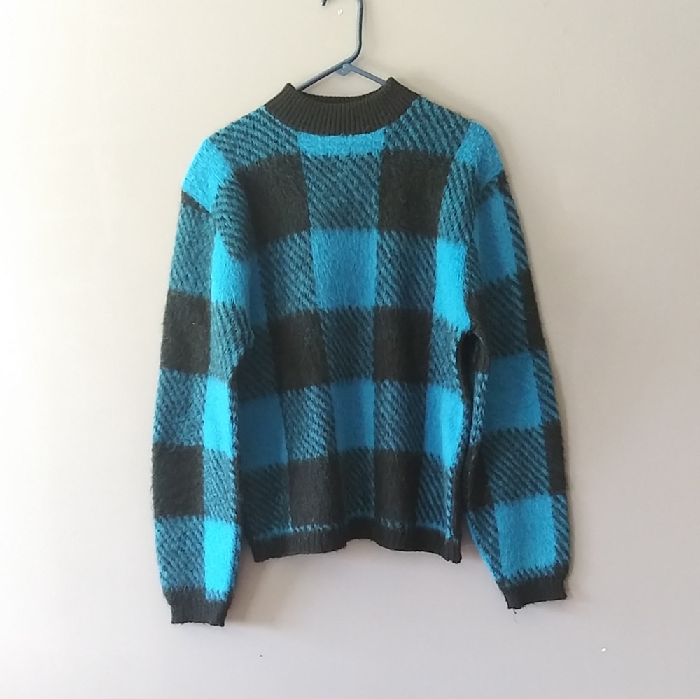 Vintage Plaid Sweater mohair fuzzy hairy